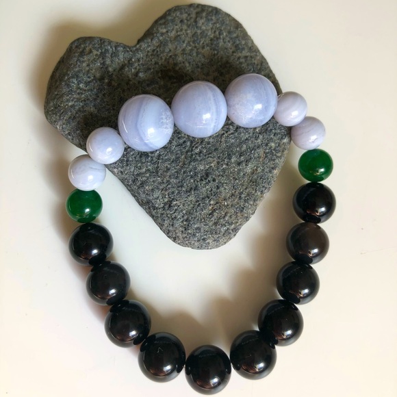 Genuine Obsidian Jade and Blue Laced Agate Healing Stone Bracelet - Picture 1 of 1